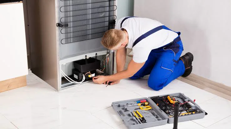 Technician examining refrigerator cooling components